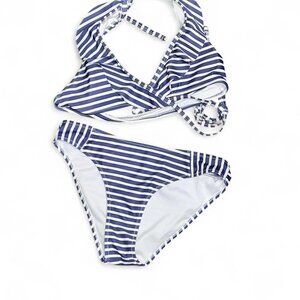 Cupshe Navy Striped Bikini Top and Bottom Set Crossover Cutout Minimal Swim